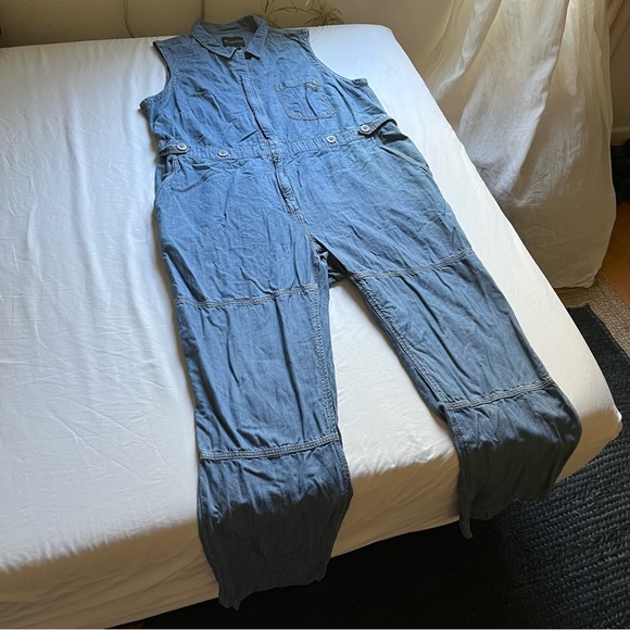 Wildfang Pants - WILDFANG blue denim sleeveless zip up cropped wide straight leg jumpsuit